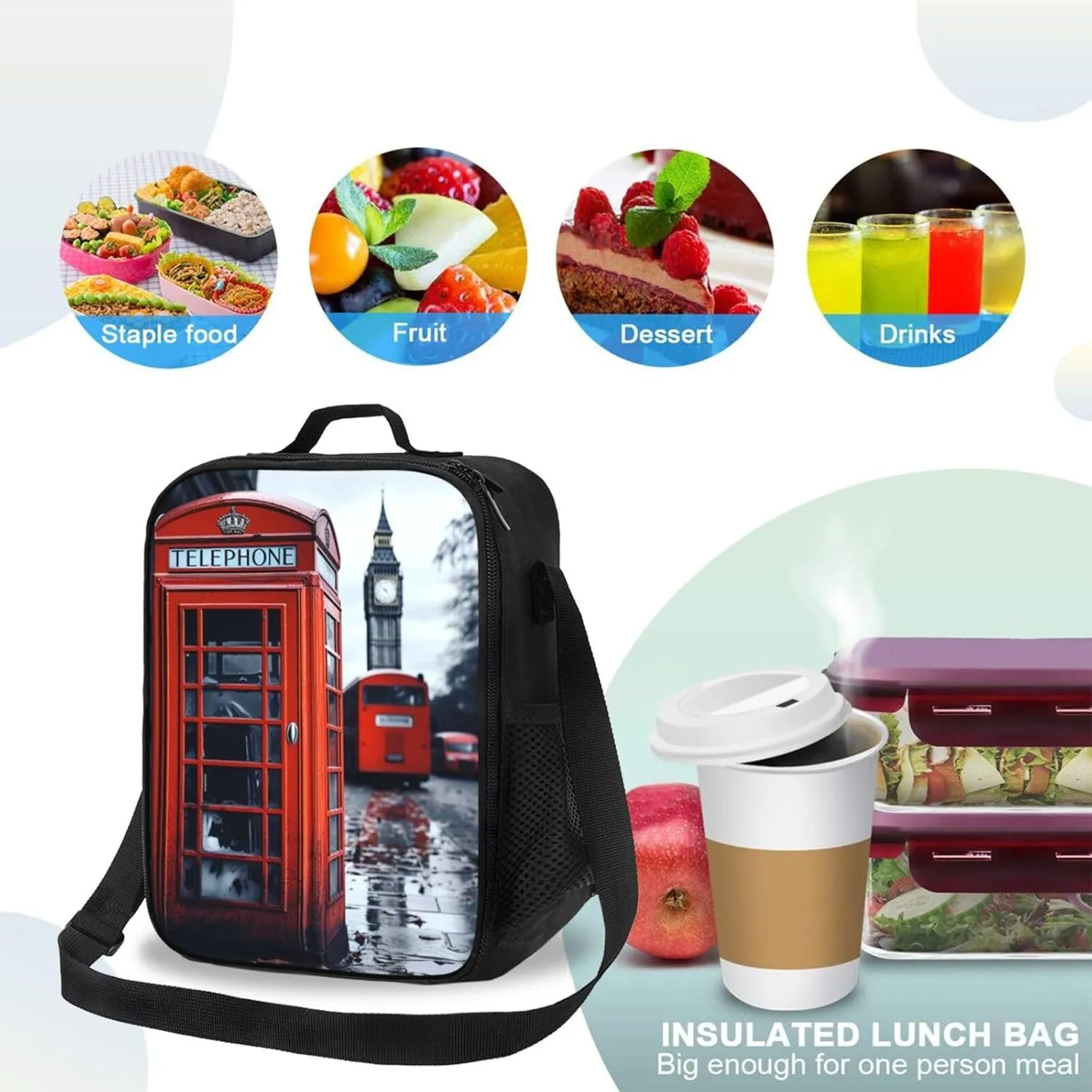 Insulated Lunchbox Reusable Cooler Bag England UK Retro London Telephone Lunch Bag Portable Lunch Tote Bag for Work Picnic