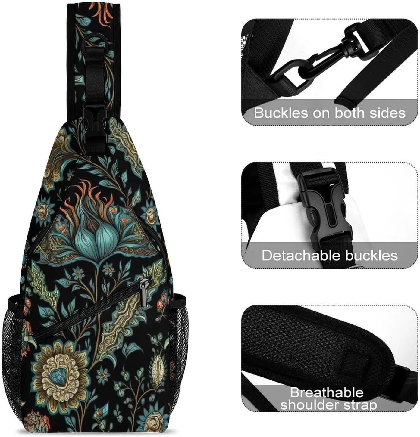 Intricate-floral-style Sling Bag Crossbody Backpack for Men Women Chest Bag For Travel Hiking Cycling Camping, 38x20cm
