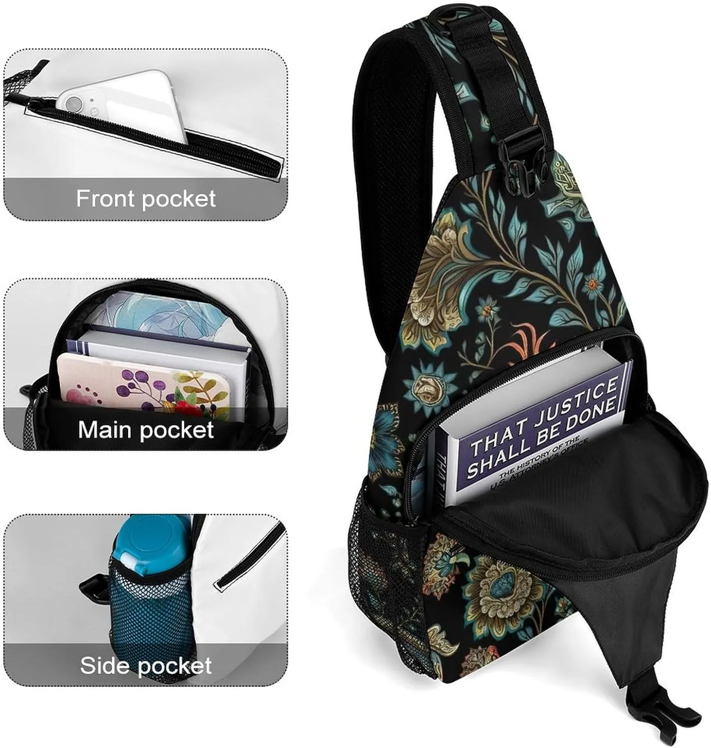 Intricate-floral-style Sling Bag Crossbody Backpack for Men Women Chest Bag For Travel Hiking Cycling Camping, 38x20cm