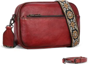 Iswee Leather Crossbody Bags for Women Vintage Shoulder Bag Small Satchel Purse Zippered Purse with Adjustable Strap