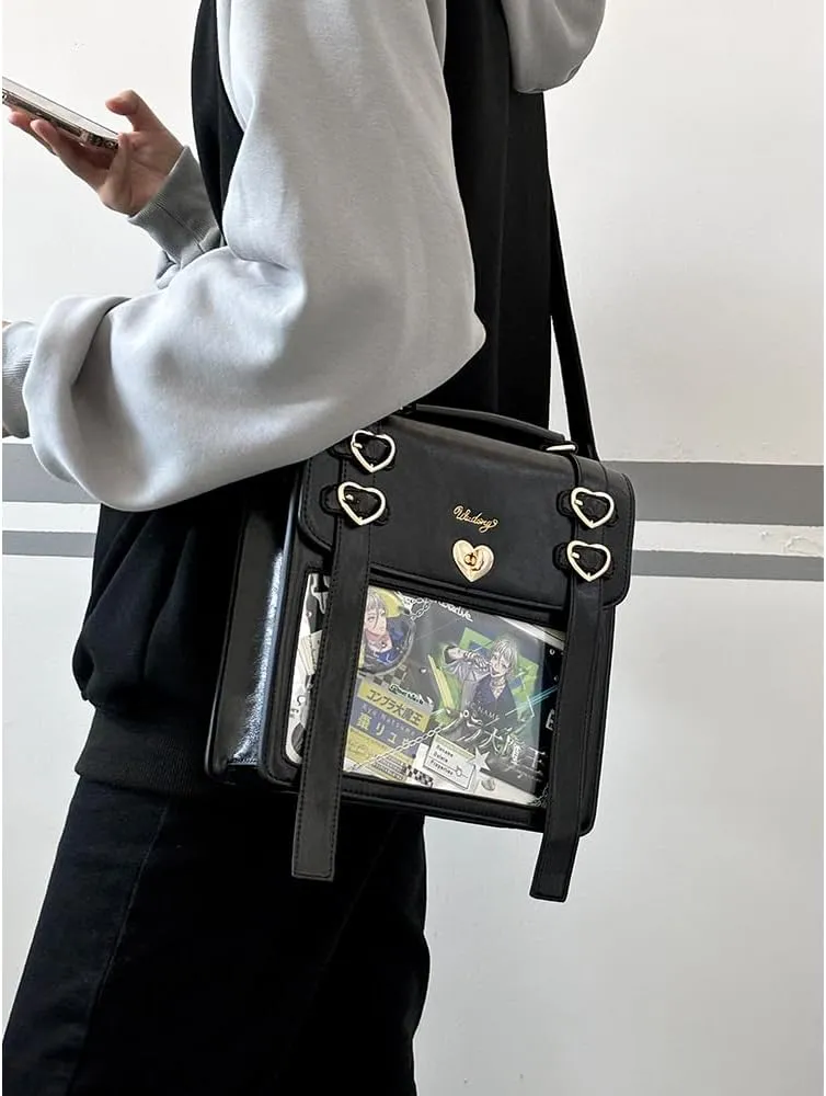 Ita Bag Backpack Pins Display Backpack with Insert Ribbon JK Single Shoulder Crossbody Bag Square Handbag and Purse (Black)