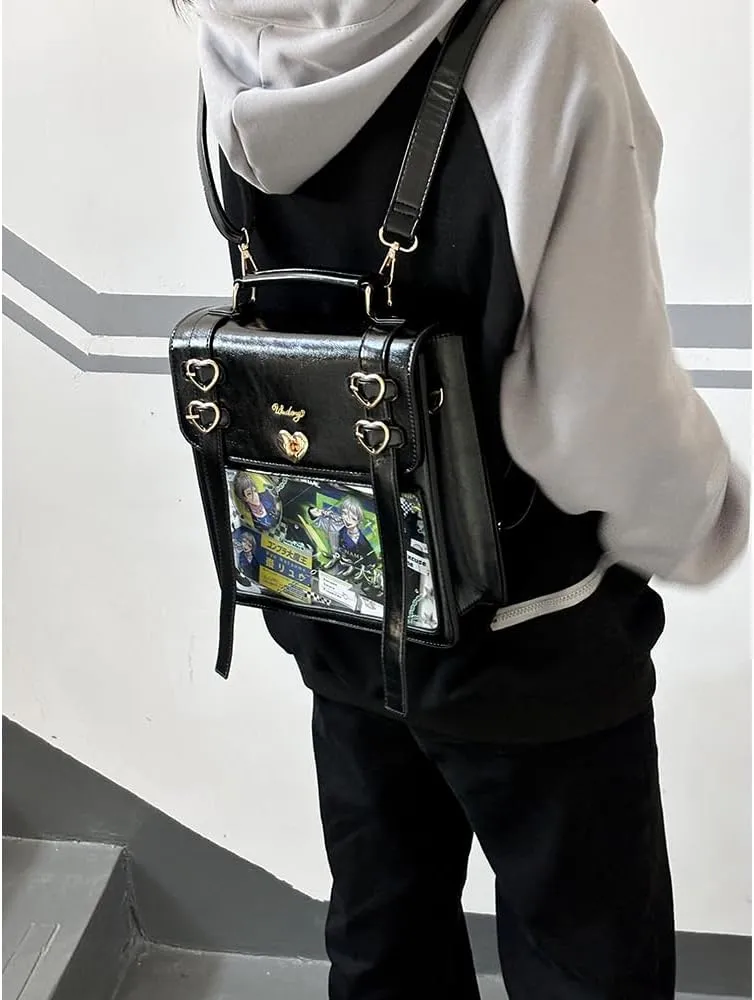 Ita Bag Backpack Pins Display Backpack with Insert Ribbon JK Single Shoulder Crossbody Bag Square Handbag and Purse (Black)