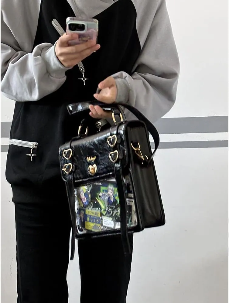 Ita Bag Backpack Pins Display Backpack with Insert Ribbon JK Single Shoulder Crossbody Bag Square Handbag and Purse (Black)