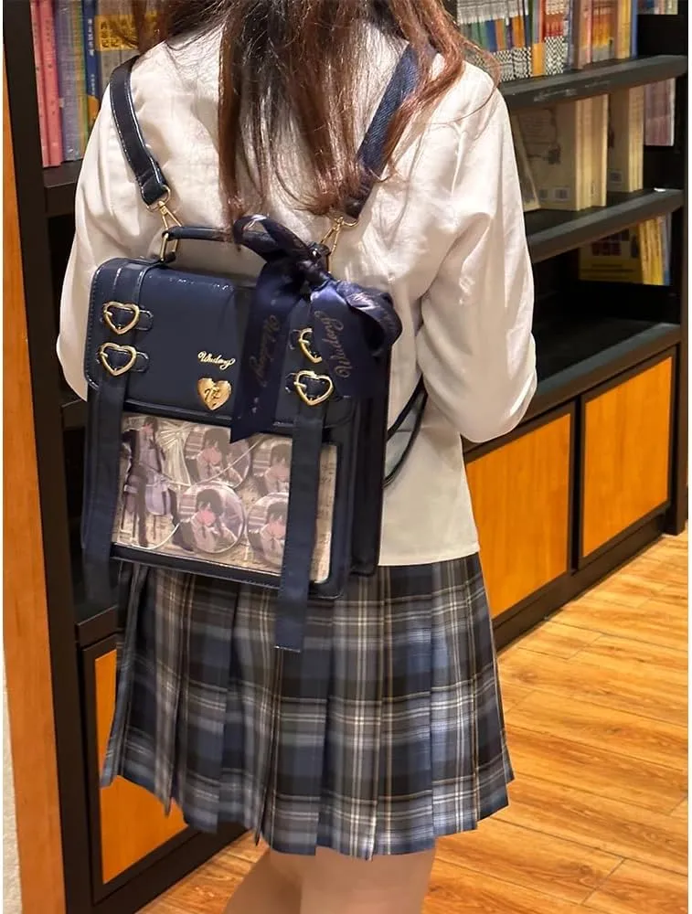 Ita Bag Backpack Pins Display Backpack with Insert Ribbon JK Single Shoulder Crossbody Bag Square Handbag and Purse (Black)