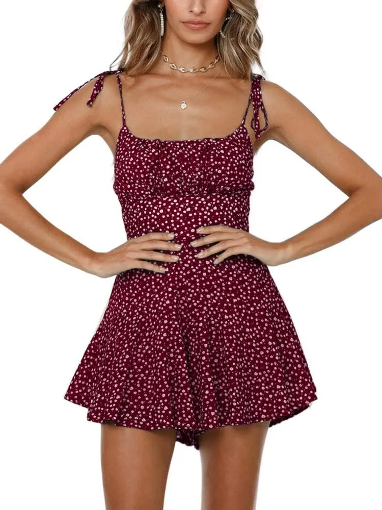Jeanewpole1 Women's Boho Floral Wide Leg Short Romper Spaghetti Strap Smocked Jumpsuit