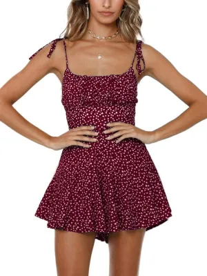 Jeanewpole1 Women's Boho Floral Wide Leg Short Romper Spaghetti Strap Smocked Jumpsuit