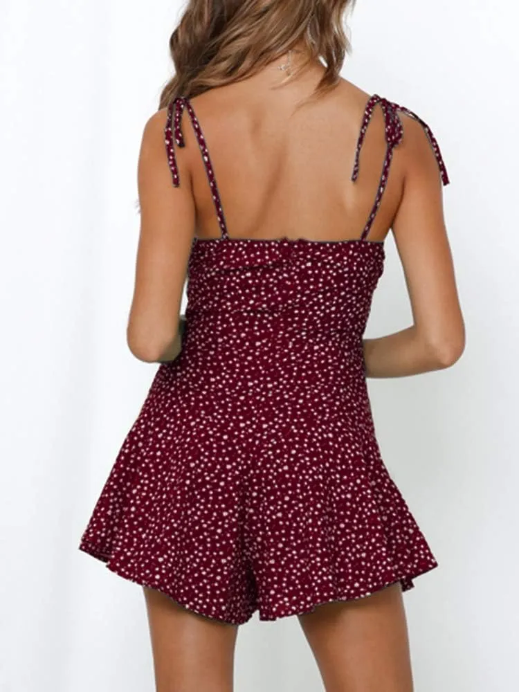 Jeanewpole1 Women's Boho Floral Wide Leg Short Romper Spaghetti Strap Smocked Jumpsuit
