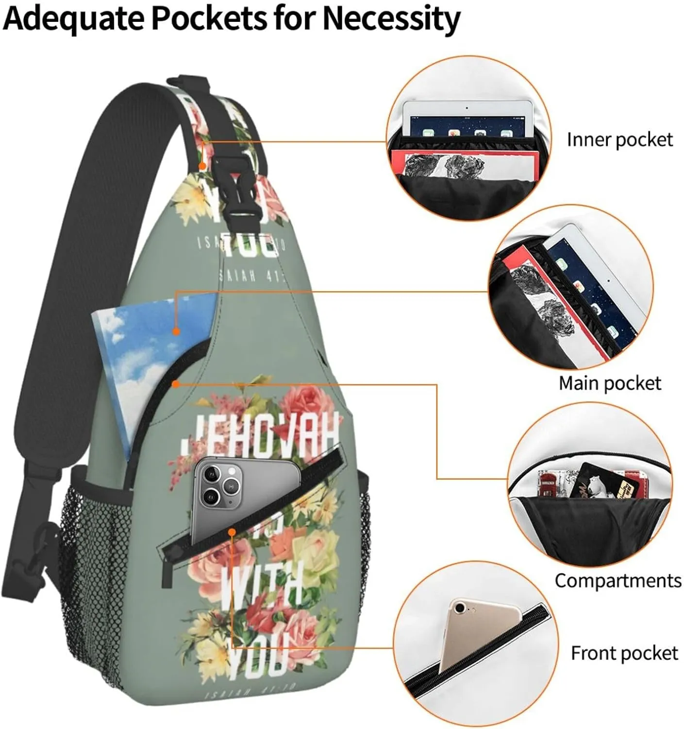 Jehovah Is With You Floral Chest Sling Bag Crossbody Shoulder Backpack Bag Gym Cycling Travel Hiking Daypack Cross Bag