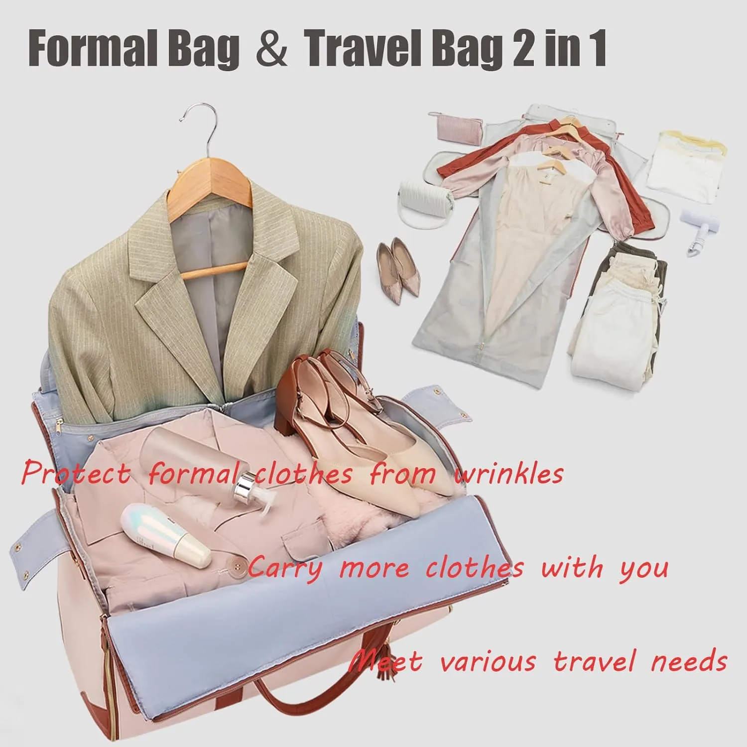 Jenni Convertible Travel Bag with Removable Wheels, High Capacity with Shoe Compartment (Beige)