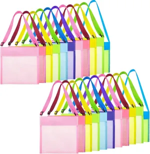 Jexine 50 Pack Kids Mesh Beach Bag Bulk Colorful Shell Collecting Bags Nylon Sand Toys Totes with Adjustable Straps Rock Collecting Bag for Holding Beach Toys Children' Toys Market Picnic (Classic)