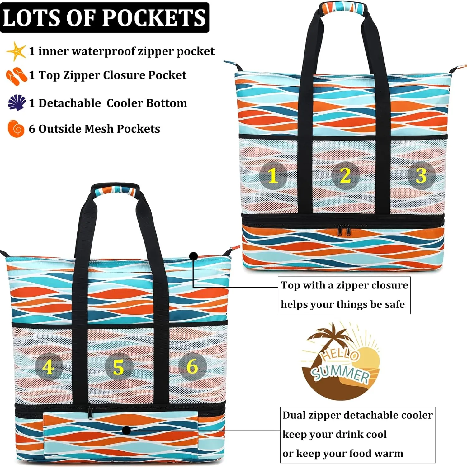 JIANYA Beach Bag Women Waterproof Sandproof Beach Tote Bags with Cooler Top Zipper Large Totes for Pool Travel Daily