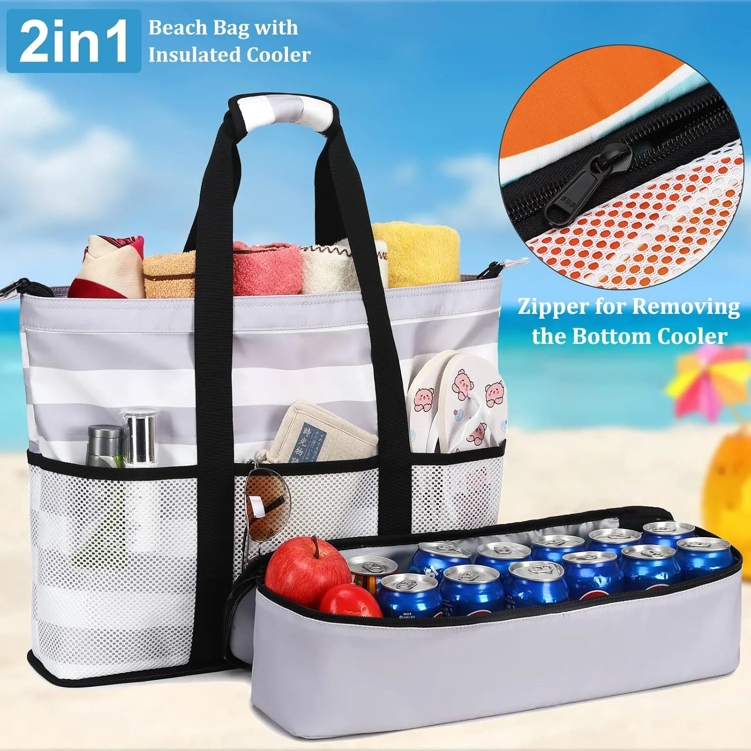 JIANYA Beach Bag Women Waterproof Sandproof Beach Tote Bags with Cooler Top Zipper Large Totes for Pool Travel Daily