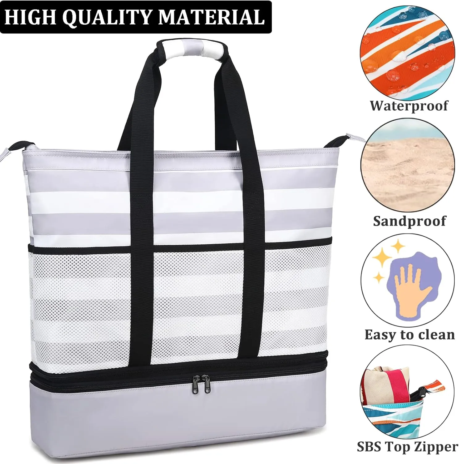 JIANYA Beach Bag Women Waterproof Sandproof Beach Tote Bags with Cooler Top Zipper Large Totes for Pool Travel Daily