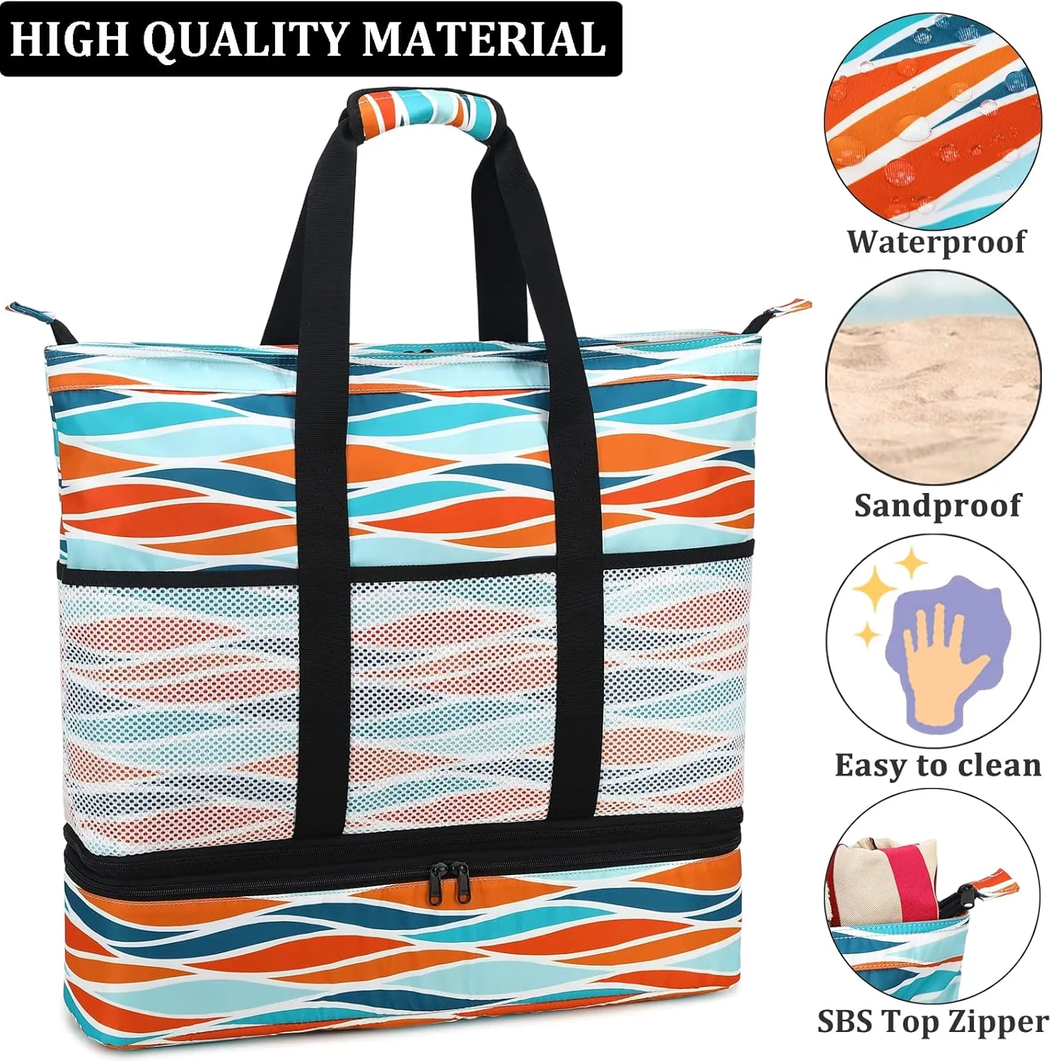 JIANYA Beach Bag Women Waterproof Sandproof Beach Tote Bags with Cooler Top Zipper Large Totes for Pool Travel Daily
