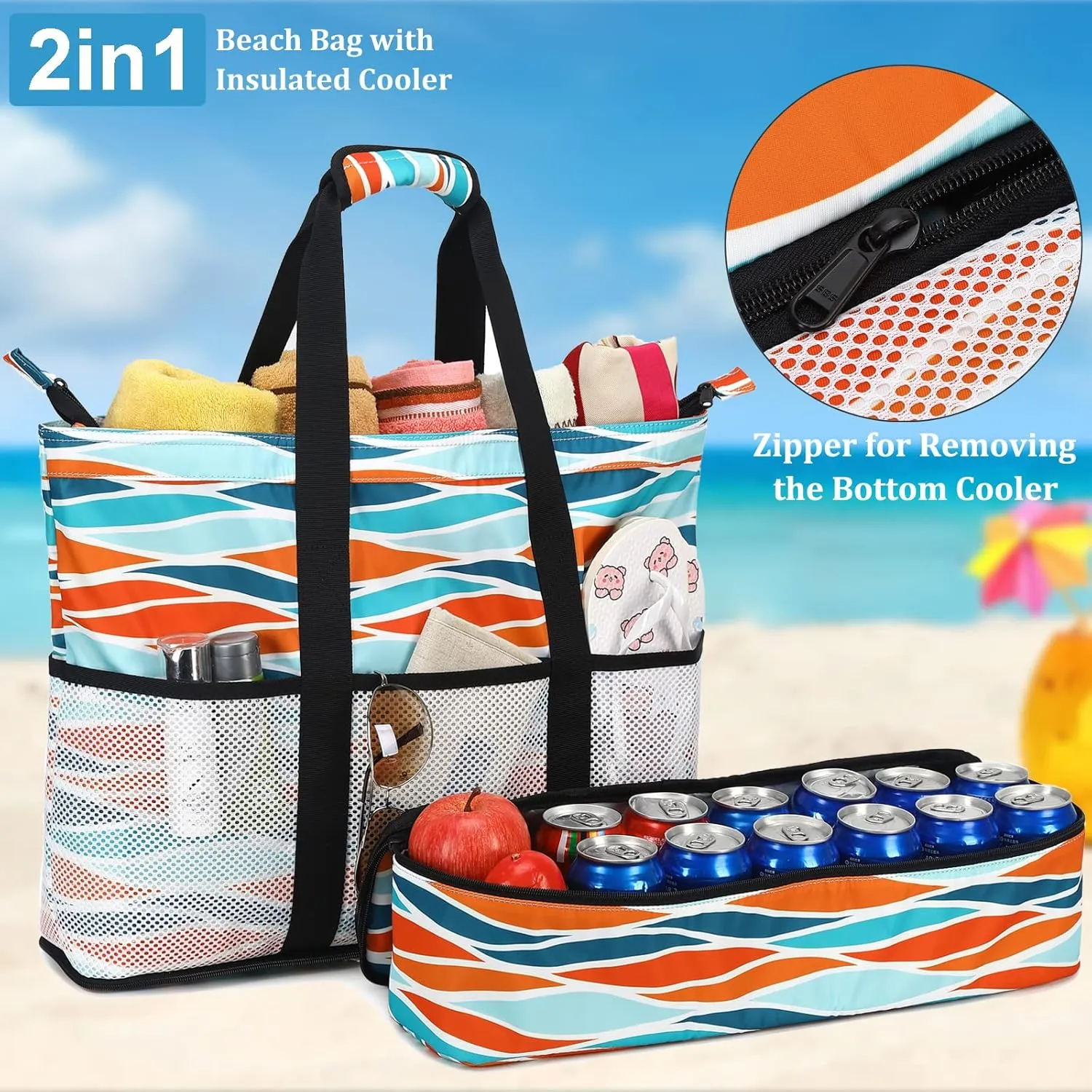 JIANYA Beach Bag Women Waterproof Sandproof Beach Tote Bags with Cooler Top Zipper Large Totes for Pool Travel Daily