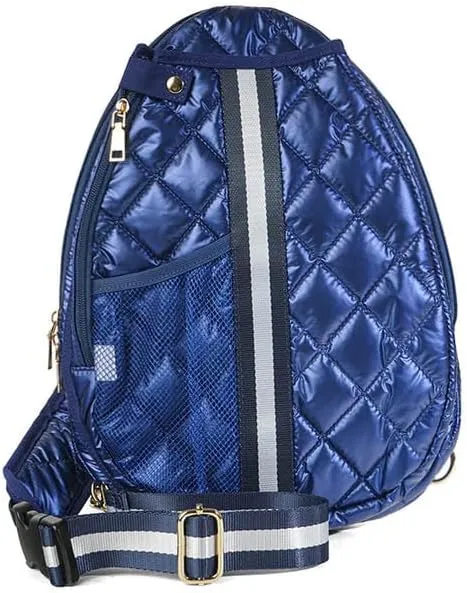 Jillian Non Volley Navy Striped 12 x 16 Inch Quilted Nylon Womens Pickleball Sport Sling Bag