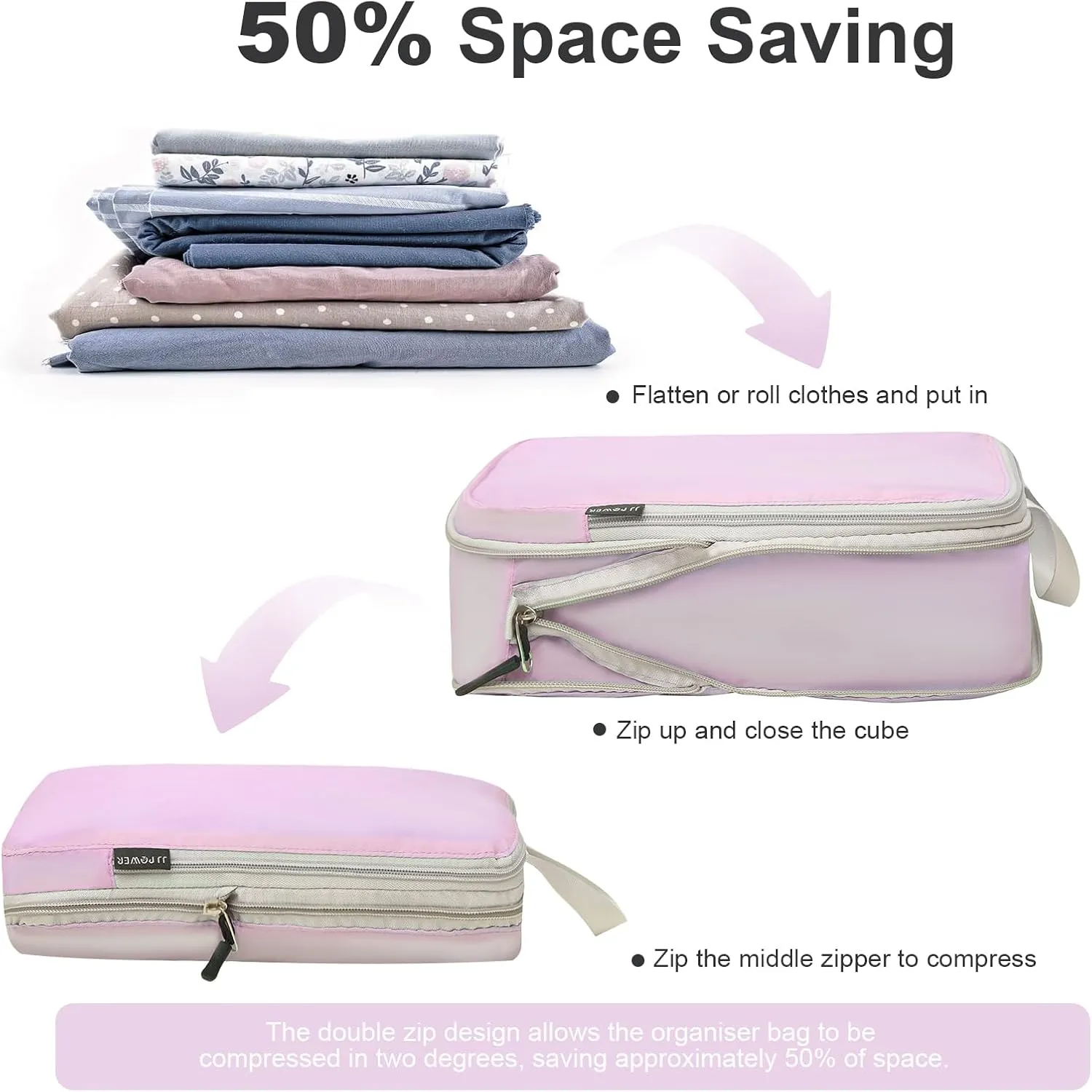 JJ Power 3 Set Lightweight Compression Packing Cubes for Suitcases, Travel Essentials Expandable Packing Cubes Organizer for Carry on Suitcases(Pink)