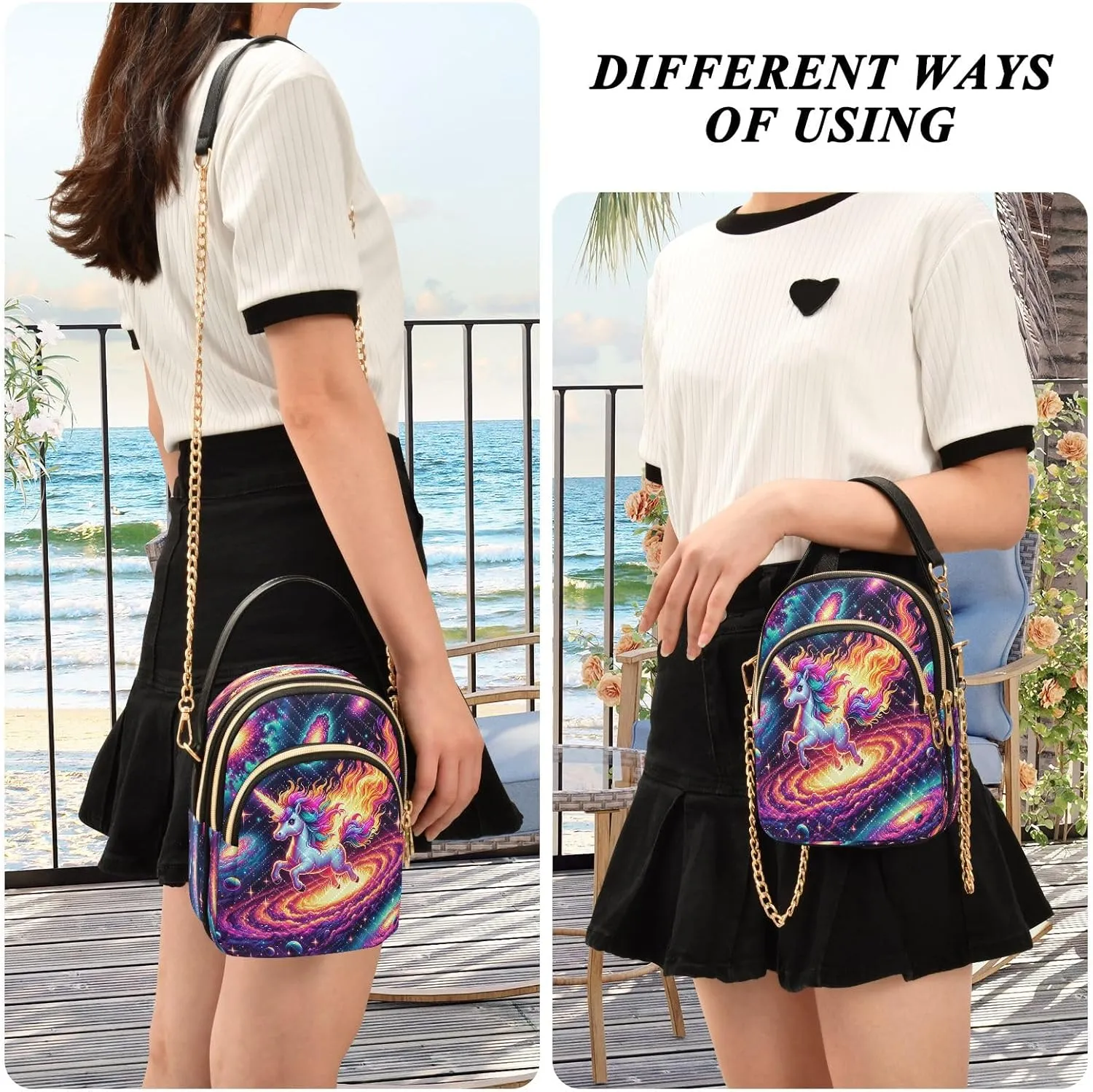 Joisal Cute Unicorn in Space Galaxy Small Crossbody Bags for Women Triple Zip Women Handbag, Cell Phone Purse Crossbody
