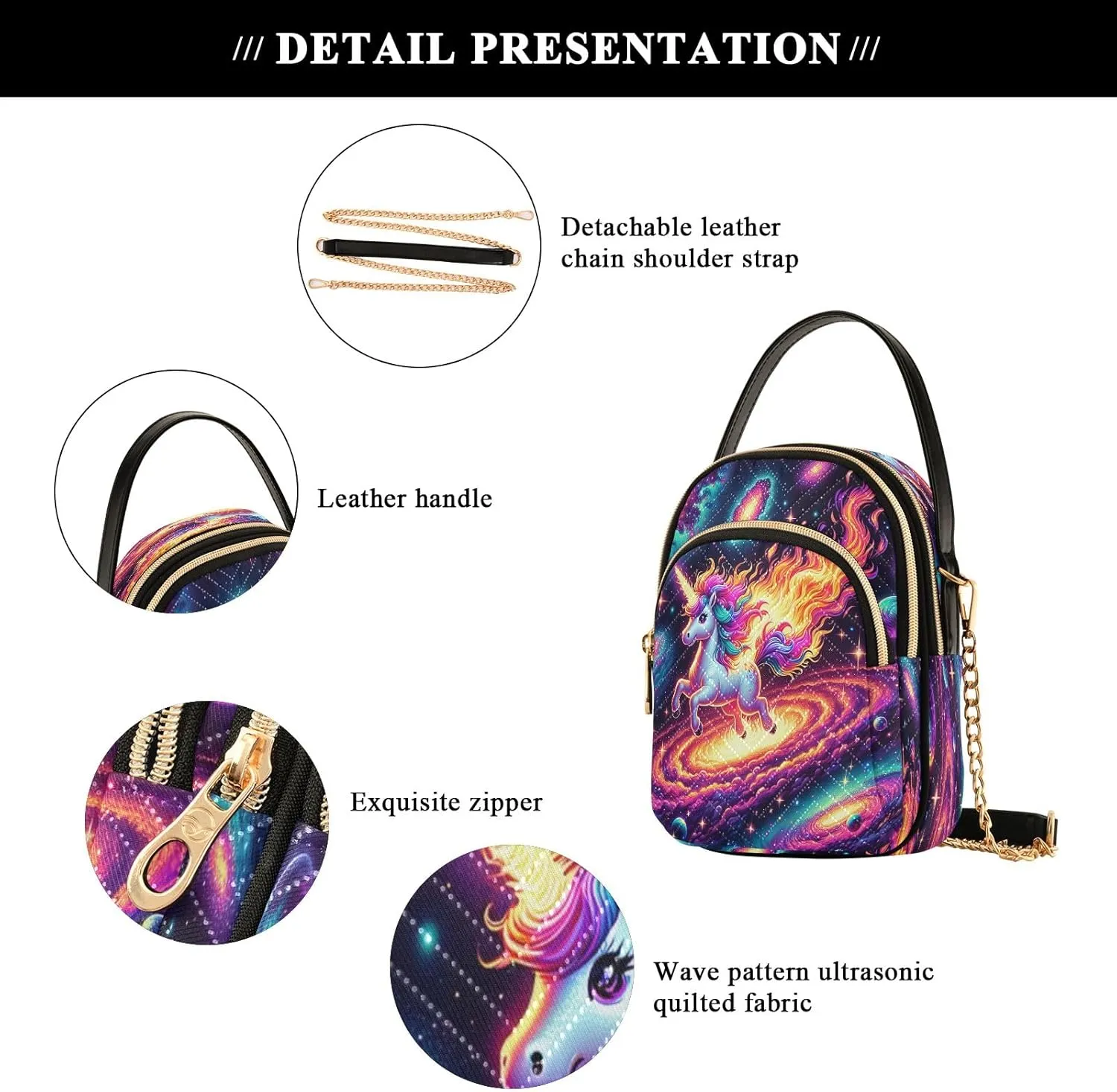 Joisal Cute Unicorn in Space Galaxy Small Crossbody Bags for Women Triple Zip Women Handbag, Cell Phone Purse Crossbody