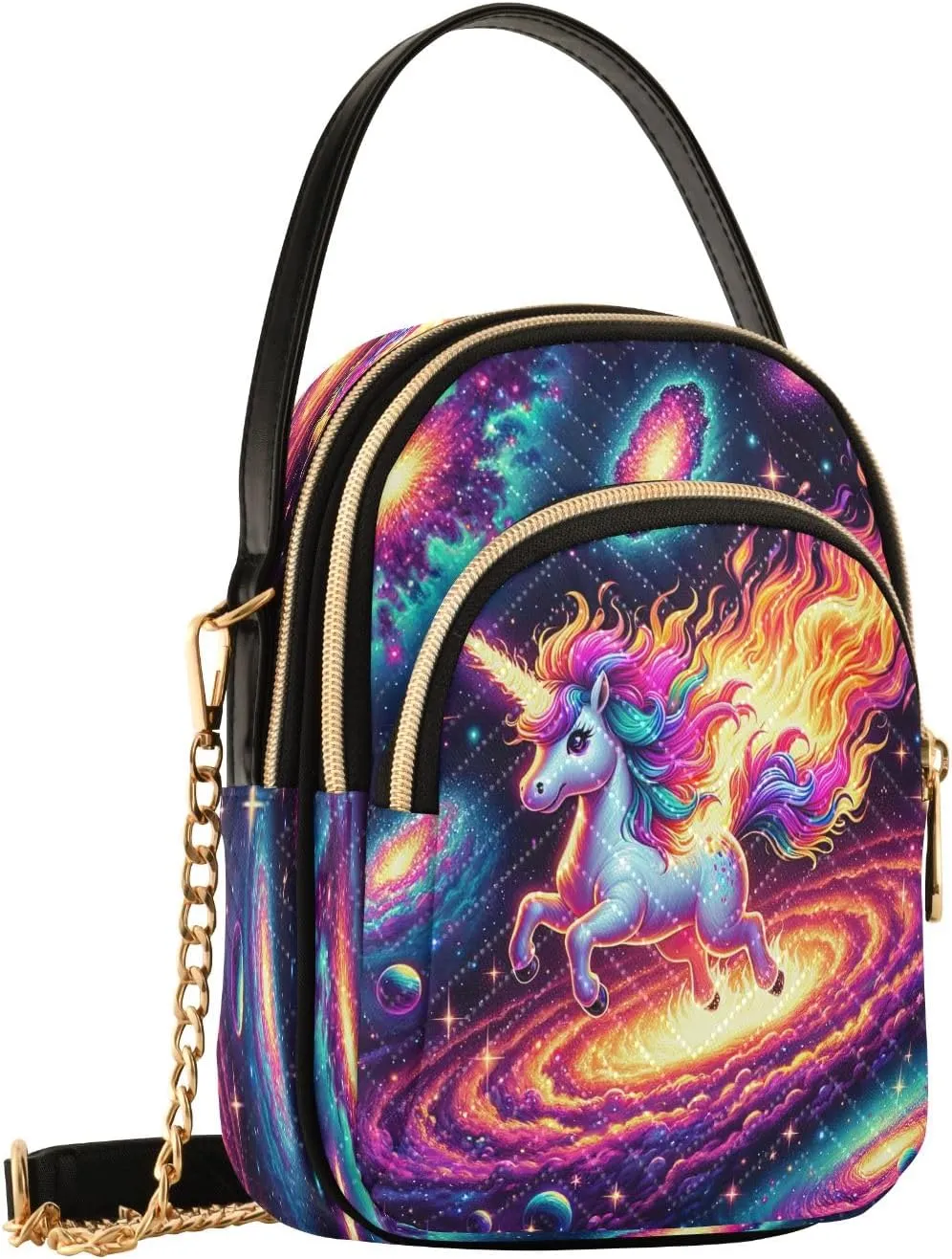 Joisal Cute Unicorn in Space Galaxy Small Crossbody Bags for Women Triple Zip Women Handbag, Cell Phone Purse Crossbody