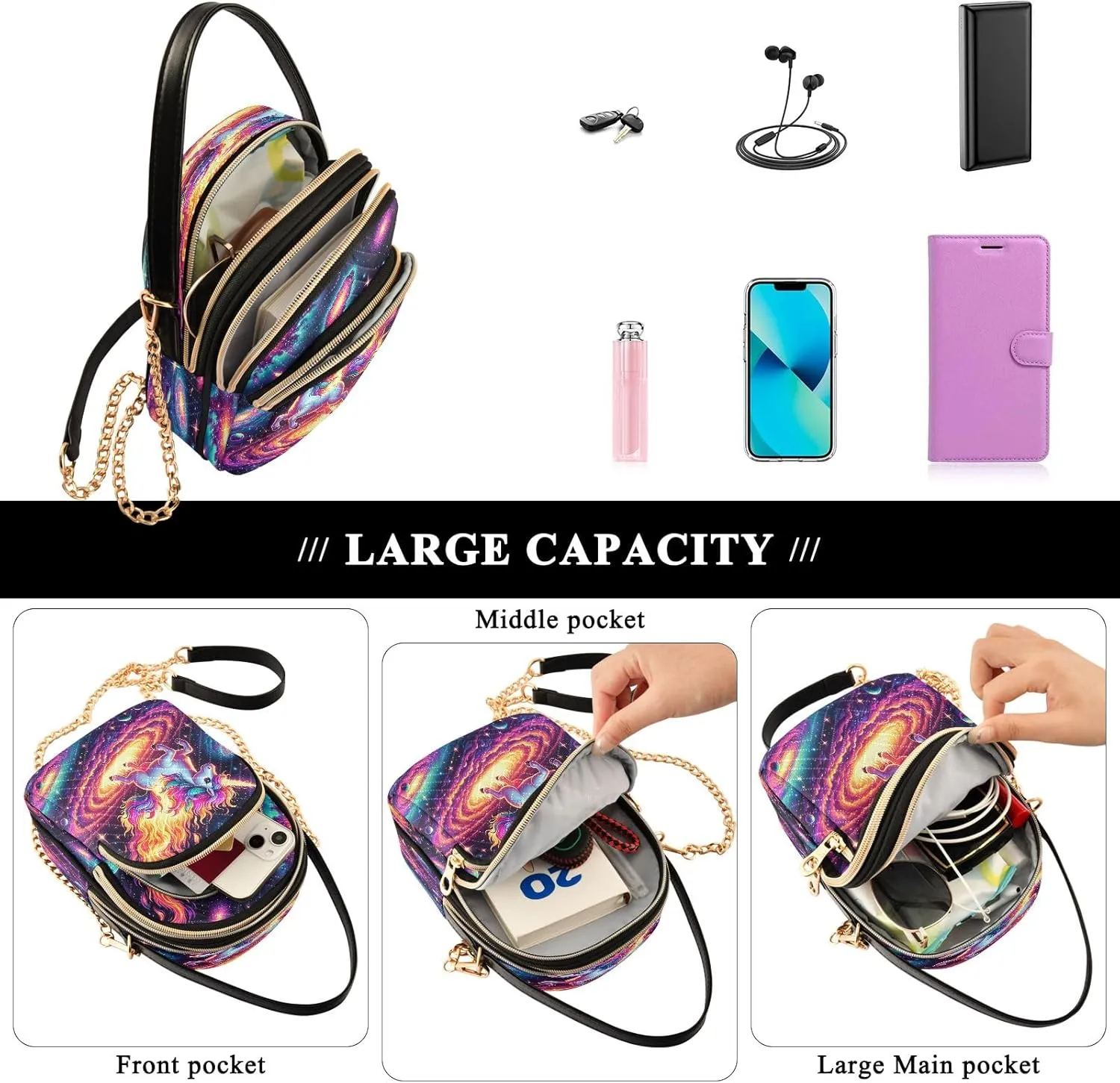 Joisal Cute Unicorn in Space Galaxy Small Crossbody Bags for Women Triple Zip Women Handbag, Cell Phone Purse Crossbody
