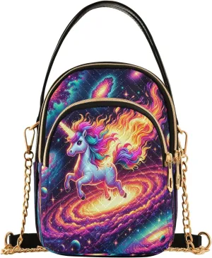Joisal Cute Unicorn in Space Galaxy Small Crossbody Bags for Women Triple Zip Women Handbag, Cell Phone Purse Crossbody
