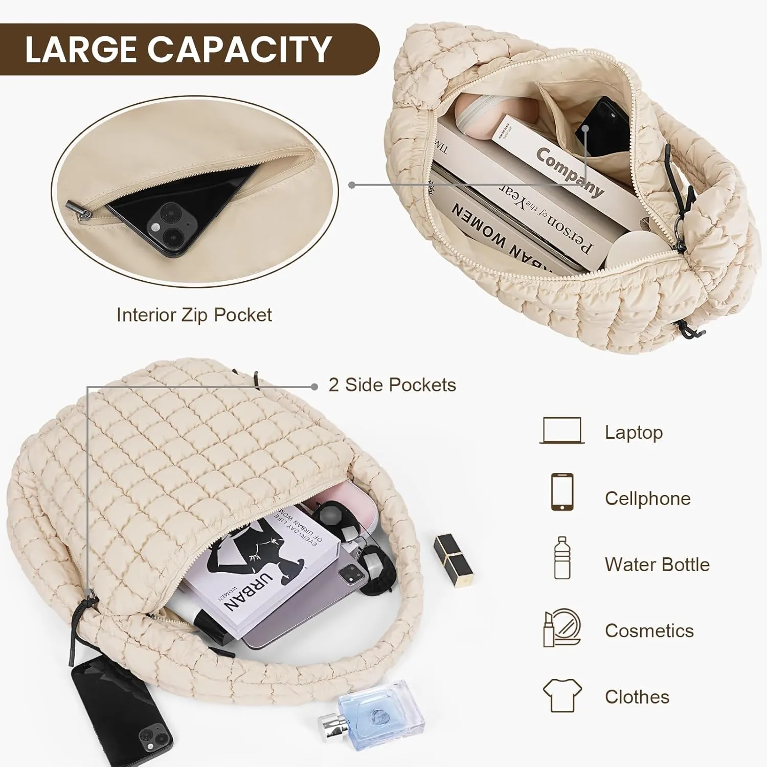 Juoxeepy Quilted Tote Bag Large Carryall Puffer Shoulder Bag Lightweight Padding Hobo Bag