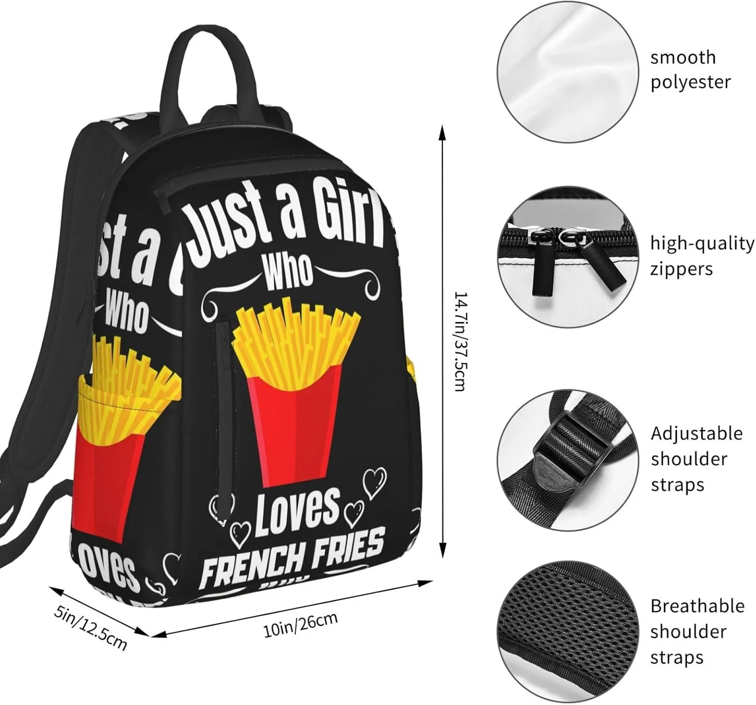 Just A Women Who Loves French Fries Travel Laptop Backpack Casual Backpacks Double Shoulder Daypack Notebook Rucksack Work Bags Sports Bag for Gym Hiking Camping Beach