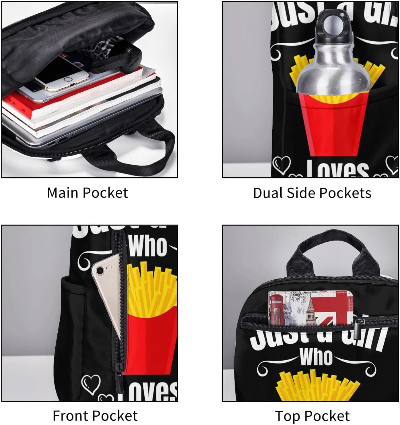 Just A Women Who Loves French Fries Travel Laptop Backpack Casual Backpacks Double Shoulder Daypack Notebook Rucksack Work Bags Sports Bag for Gym Hiking Camping Beach