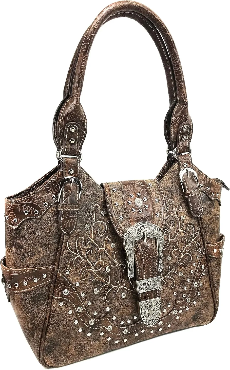 Justin West American Albino Floral Embroidery Buckle Shoulder Concealed Carry Handbag Purse