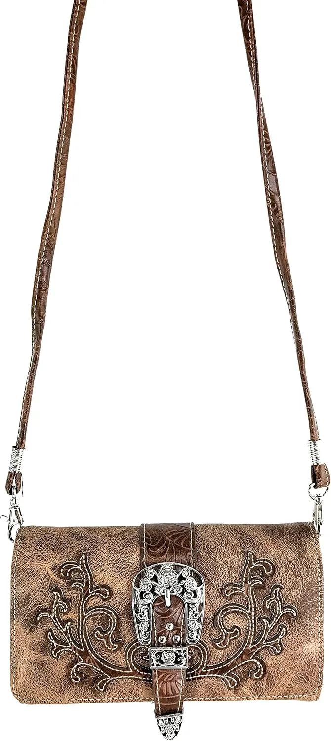 Justin West American Albino Floral Embroidery Buckle Shoulder Concealed Carry Handbag Purse