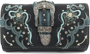 Justin West Buckle Floral Embroidered Studded CCW Concealed Carry Shoulder Purse Handbag