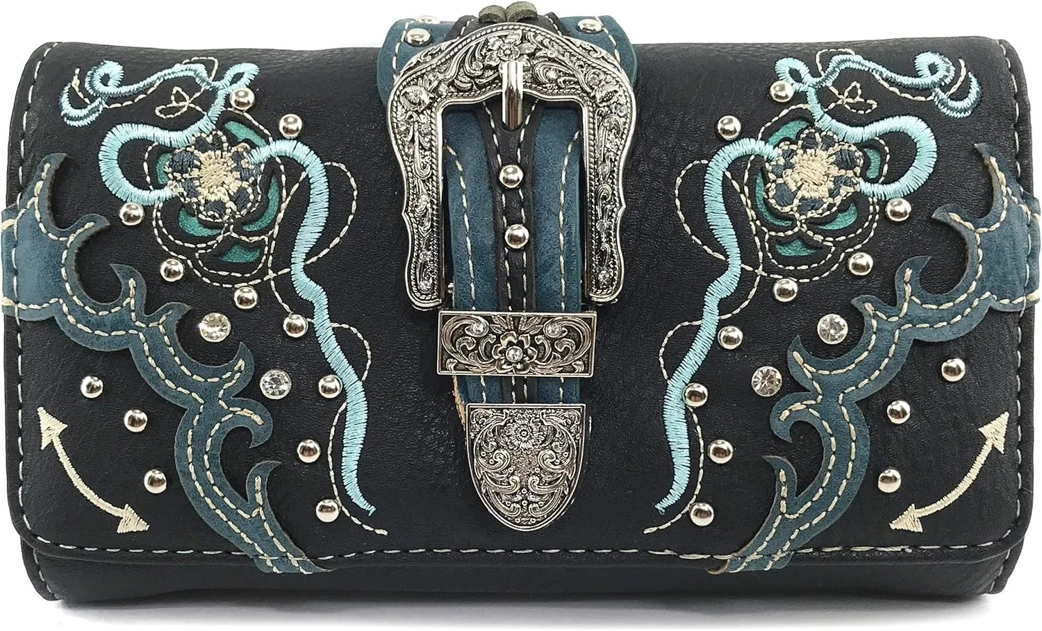 Justin West Buckle Floral Embroidered Studded CCW Concealed Carry Shoulder Purse Handbag