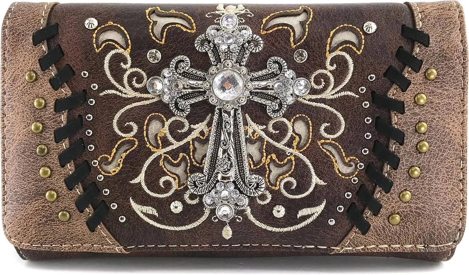 Justin West Cross Floral Embroidered Studded CCW Concealed Carry Shoulder Purse Handbag Wallet
