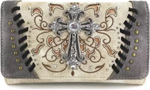 Justin West Cross Floral Embroidered Studded CCW Concealed Carry Shoulder Purse Handbag Wallet