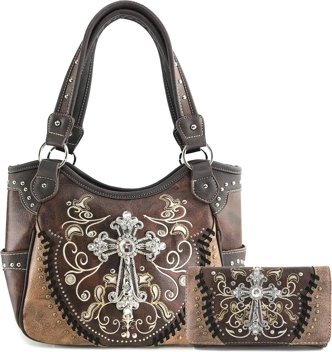 Justin West Cross Floral Embroidered Studded CCW Concealed Carry Shoulder Purse Handbag Wallet