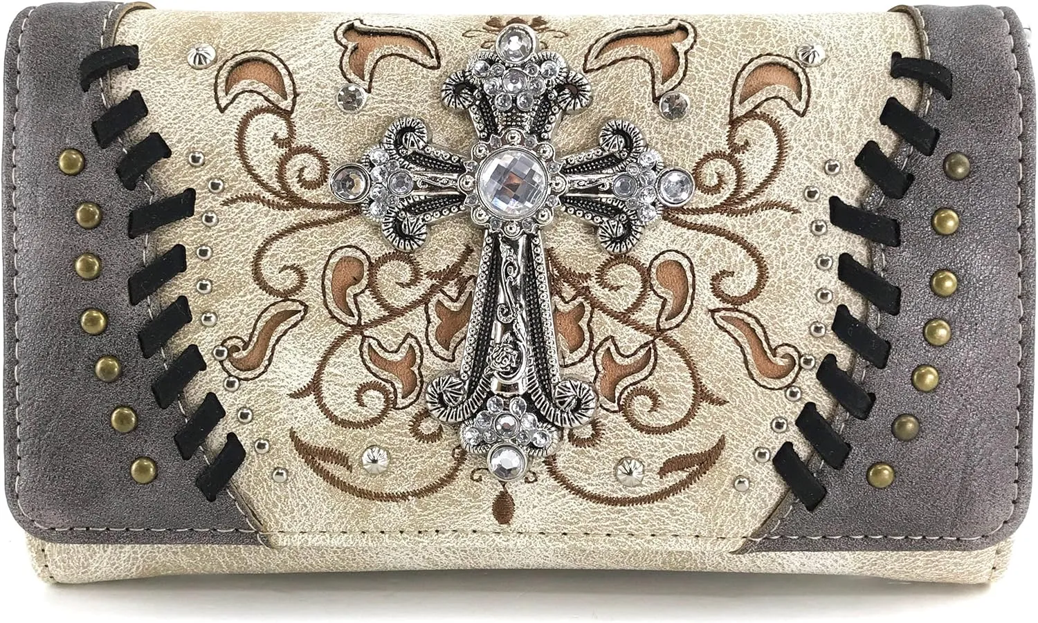 Justin West Cross Floral Embroidered Studded CCW Concealed Carry Shoulder Purse Handbag Wallet