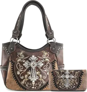 Justin West Cross Floral Embroidered Studded CCW Concealed Carry Shoulder Purse Handbag Wallet