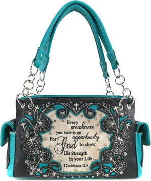 Justin West Embroidery Floral 2 Corinthians 12:9 Bible Verse Rhinestone Tote Shoulder Concealed Carry Handbag Messenger Purse