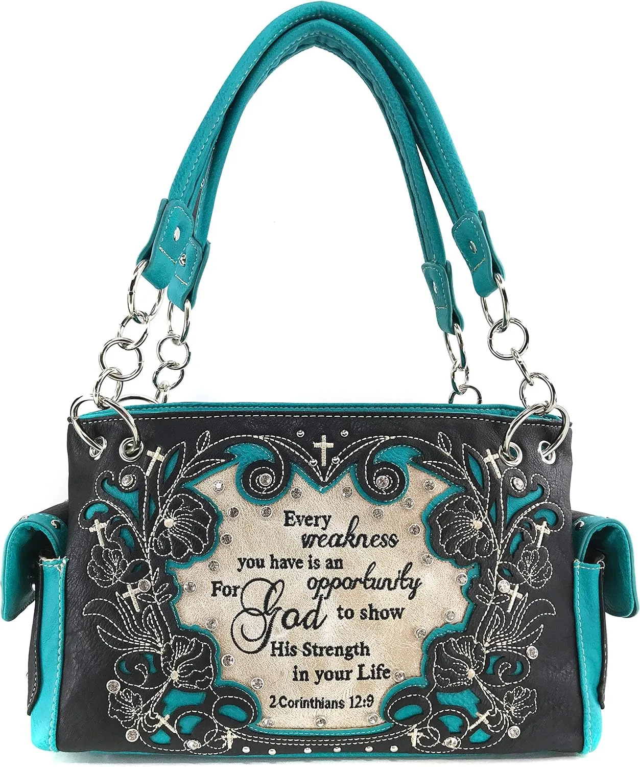 Justin West Embroidery Floral 2 Corinthians 12:9 Bible Verse Rhinestone Tote Shoulder Concealed Carry Handbag Messenger Purse