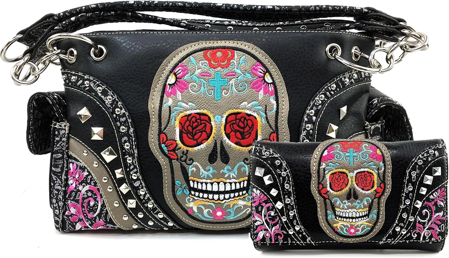 Justin West Fashion Floral Embroidery Rhinestone Skull Shoulder Concealed Carry Handbag Purse