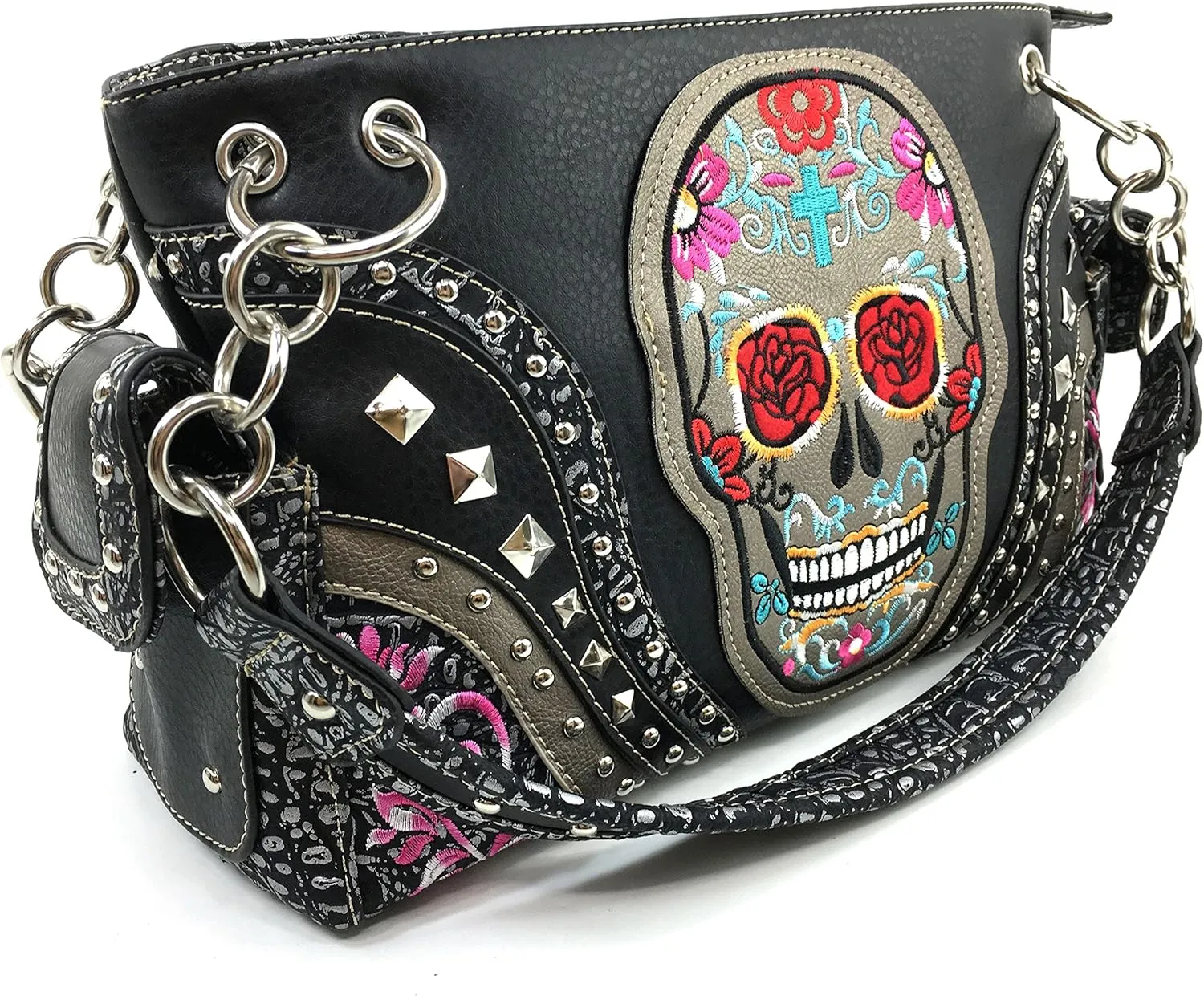 Justin West Fashion Floral Embroidery Rhinestone Skull Shoulder Concealed Carry Handbag Purse