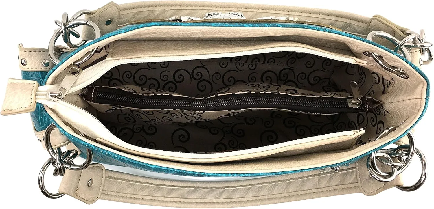 Justin West Fashion Floral Embroidery Rhinestone Skull Shoulder Concealed Carry Handbag Purse