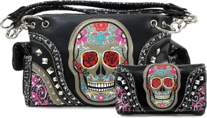 Justin West Fashion Floral Embroidery Rhinestone Skull Shoulder Concealed Carry Handbag Purse