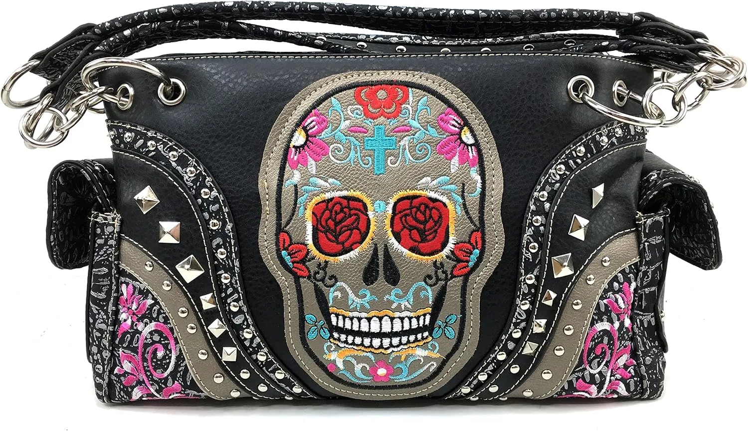 Justin West Fashion Floral Embroidery Rhinestone Skull Shoulder Concealed Carry Handbag Purse
