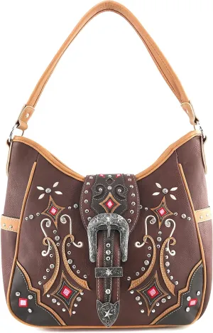 Justin West Floral Embroidery Cutout Stud Rhinestone Buckle Tooled Shoulder Handbag with Concealed Carry