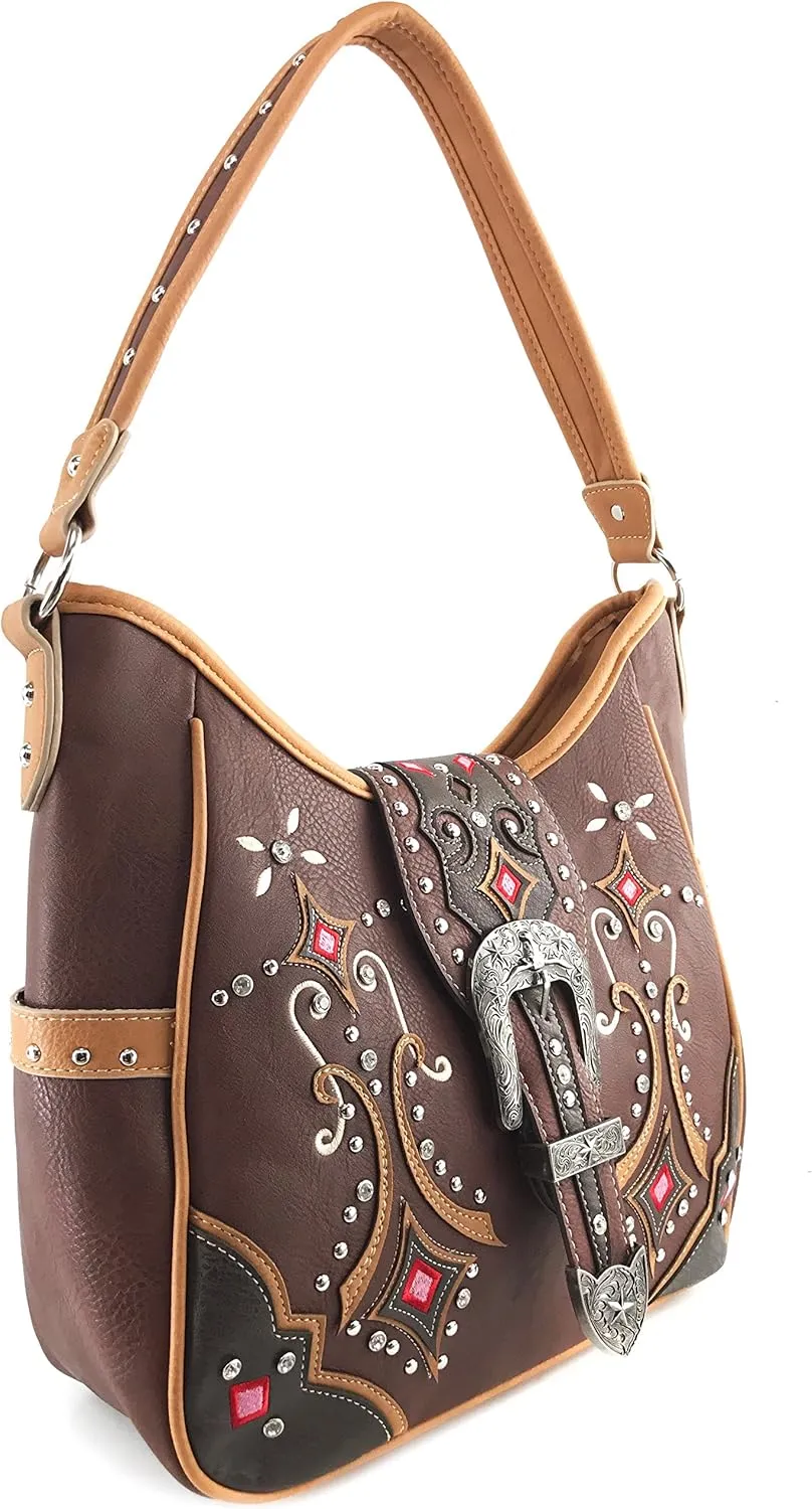 Justin West Floral Embroidery Cutout Stud Rhinestone Buckle Tooled Shoulder Handbag with Concealed Carry