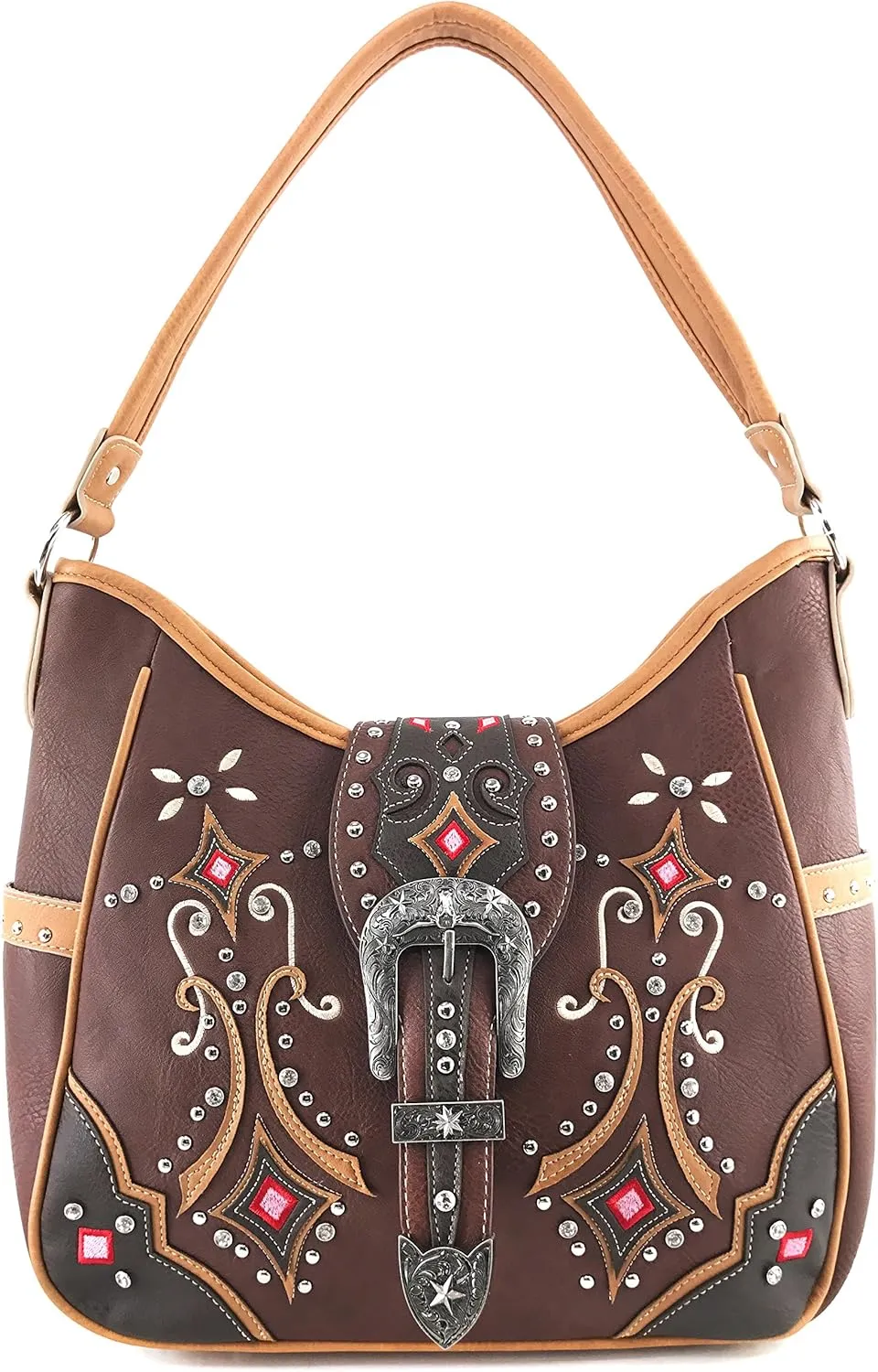 Justin West Floral Embroidery Cutout Stud Rhinestone Buckle Tooled Shoulder Handbag with Concealed Carry