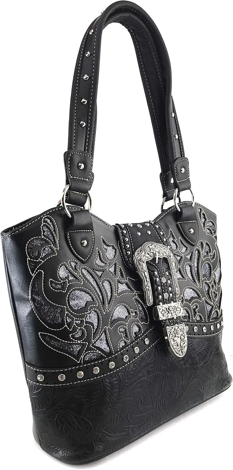 Justin West Western Brown Purse Floral Buckle Concealed Carry Handbag