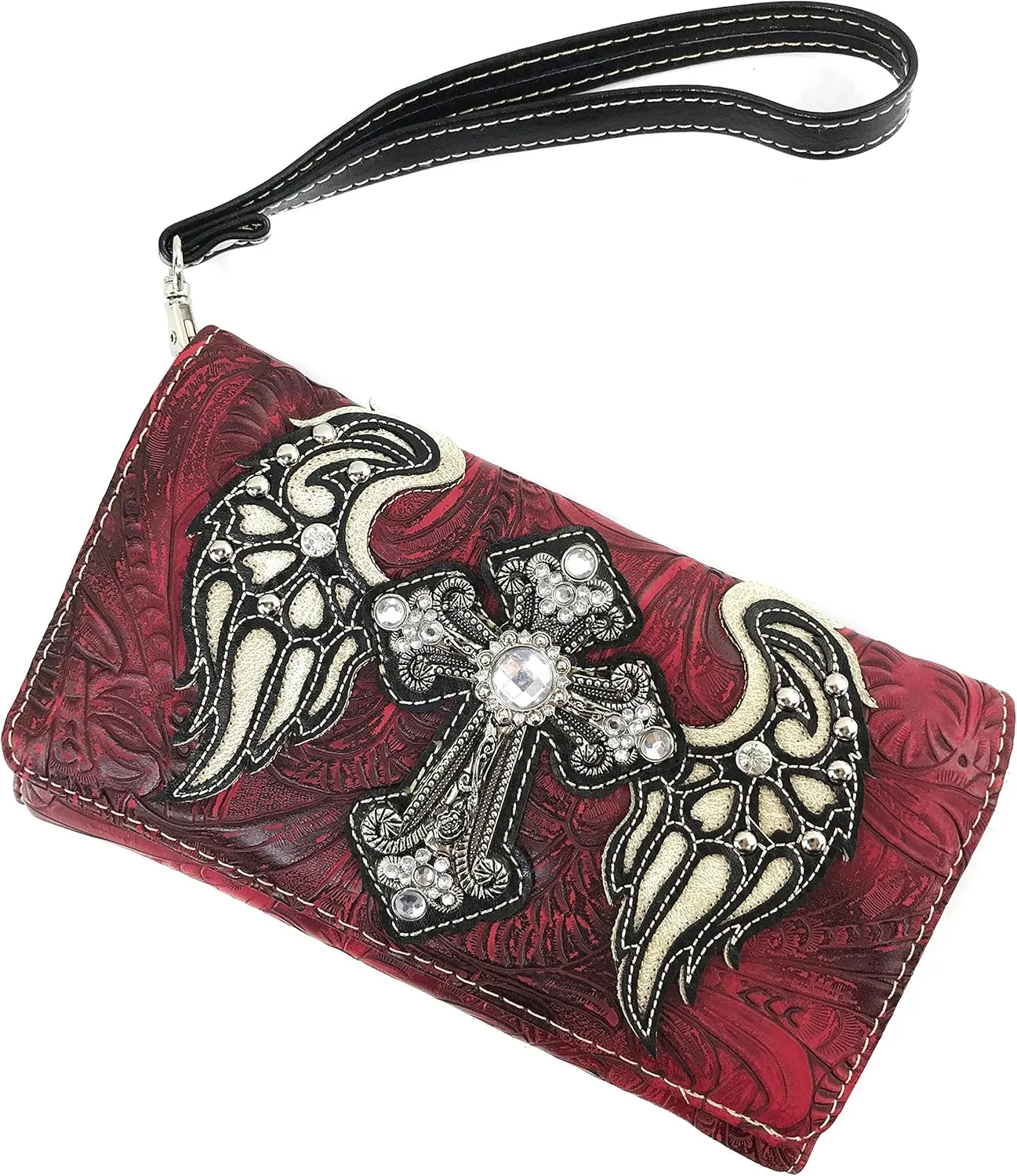 Justin West Western Floral Wing Embroidery Laser Cut Rhinestone Silver Cross Studded Shoulder Tote Handbag Purse Wallet